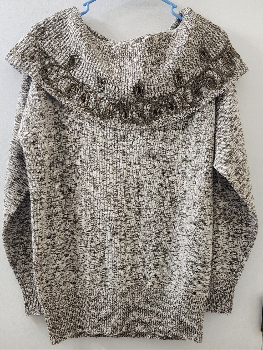Textured Cream and‎ Gray Women’s Knit Sweater with Embellished Yoke